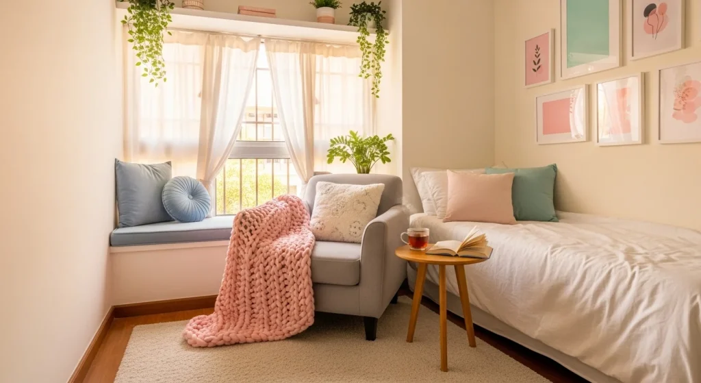 small bedroom with cozy reading corner

