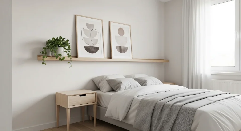 Scandinavian shelf decor in minimalist bedroom