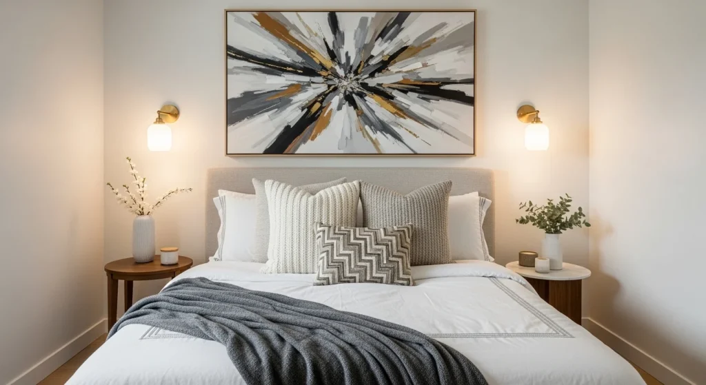 luxury bedroom with large modern artwork