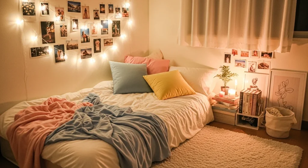 string photo wall decor in cute bedroom