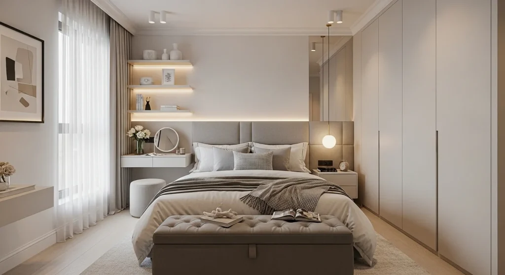 Upholstered storage ottoman used for hidden blanket storage in cozy bedroom