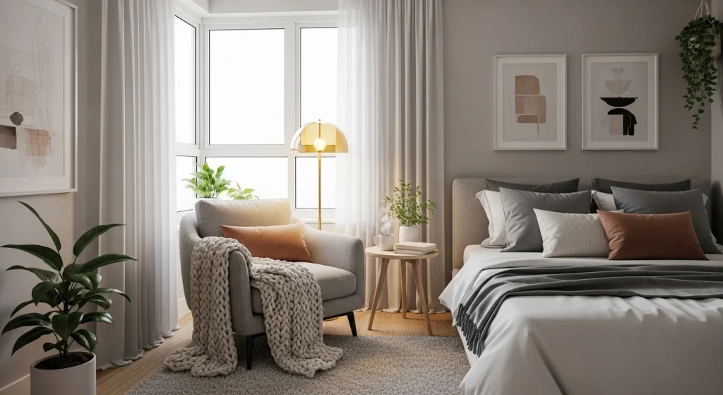 corner lamp small bedroom reading nook
