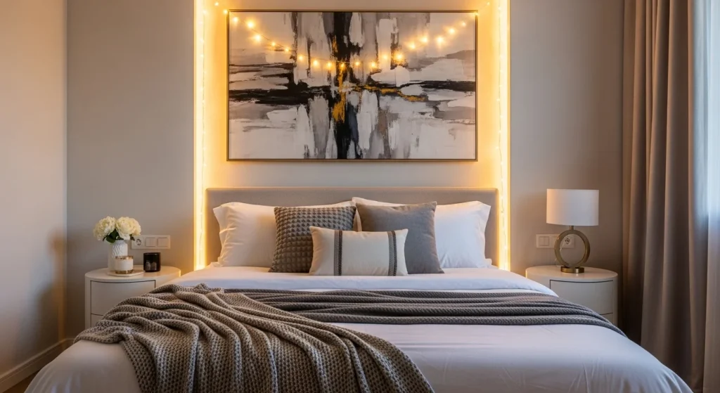 fairy lights behind wall art bedroom decor idea
