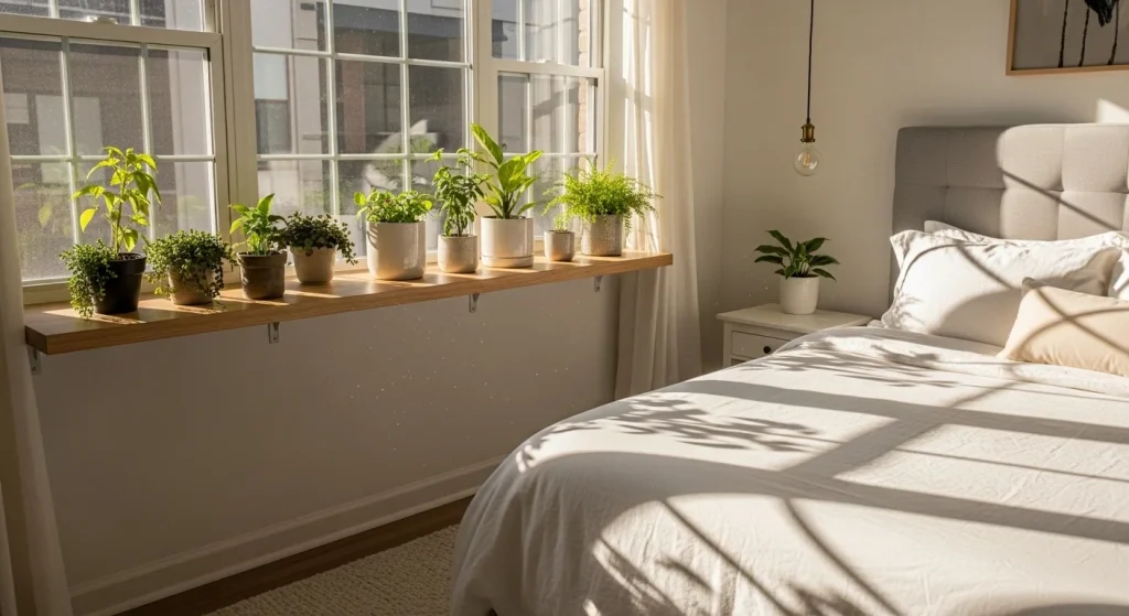 floating shelf bedroom window decor ideas
