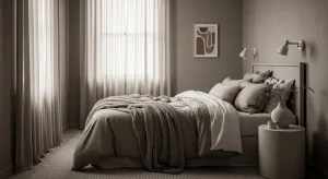 monochrome taupe small apartment bedroom with layered textures