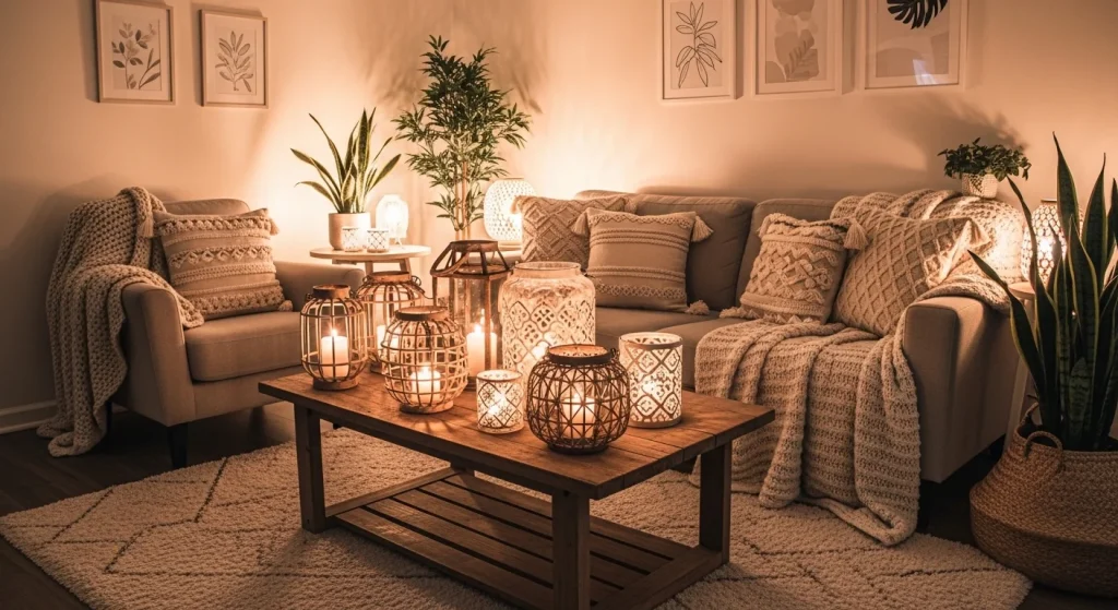 candle decor cozy small apartment living room