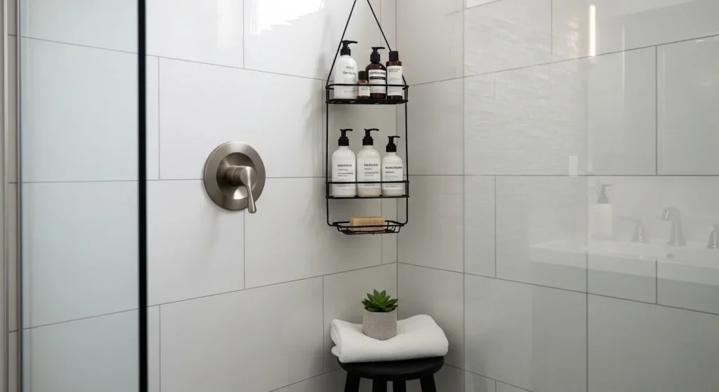 shower storage small apartment bathroom storage ideas