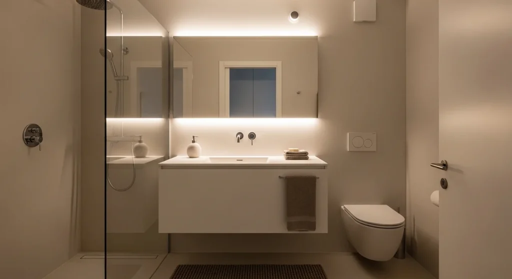 soft lighting minimal small apartment bathroom ideas