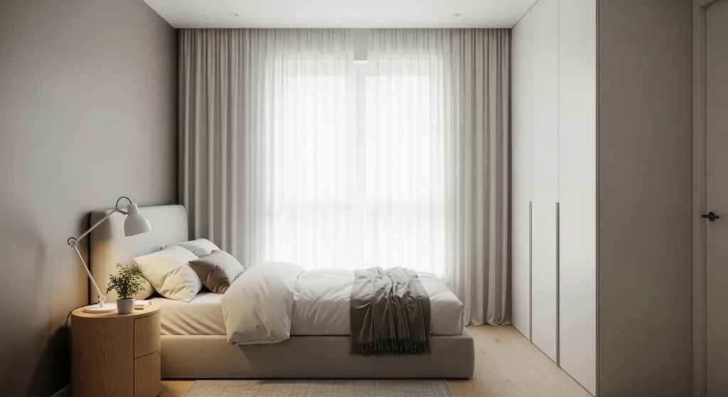 slim wardrobe closet in small apartment bedroom