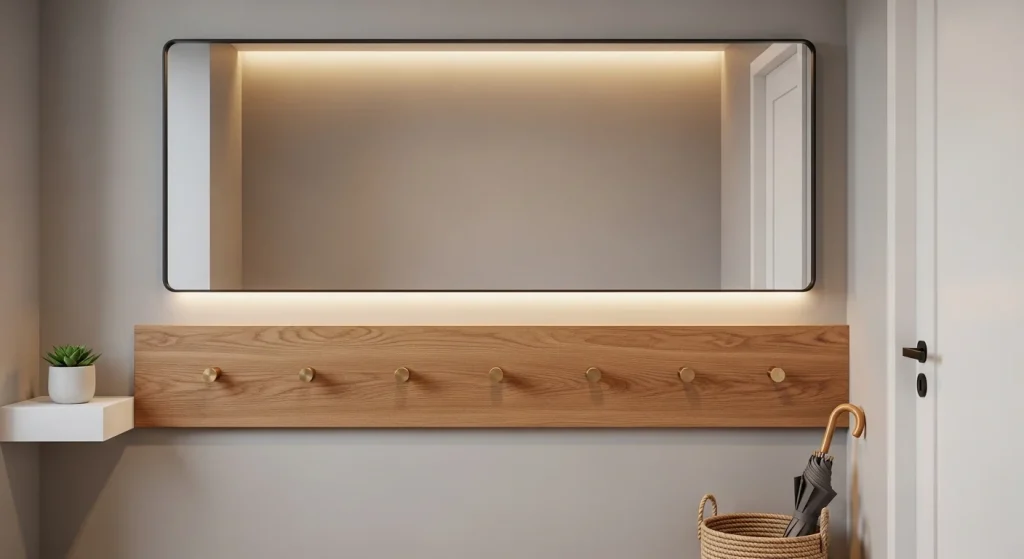 mirror with hooks in small apartment entryway combining storage and reflection