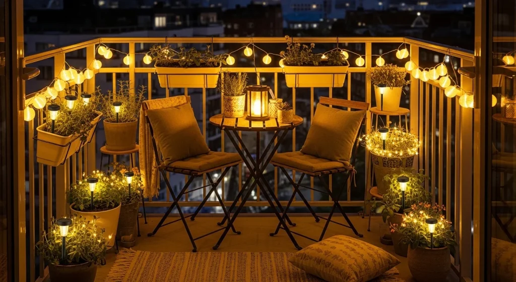 Solar lights glowing on balcony at night