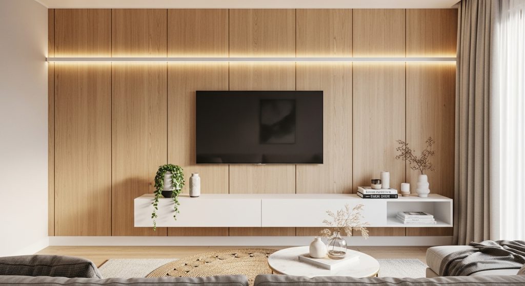 wood panel small apartment TV wall ideas