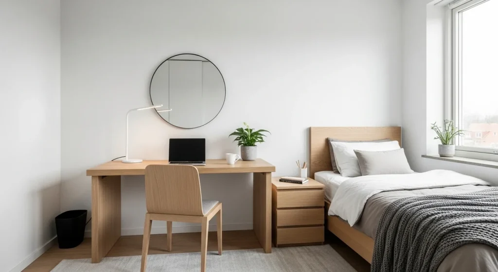 Scandinavian small bedroom with minimalist workspace
