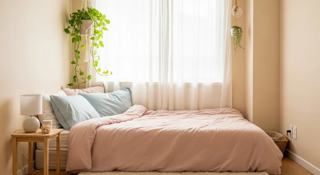  small bedroom with hanging plant decor
