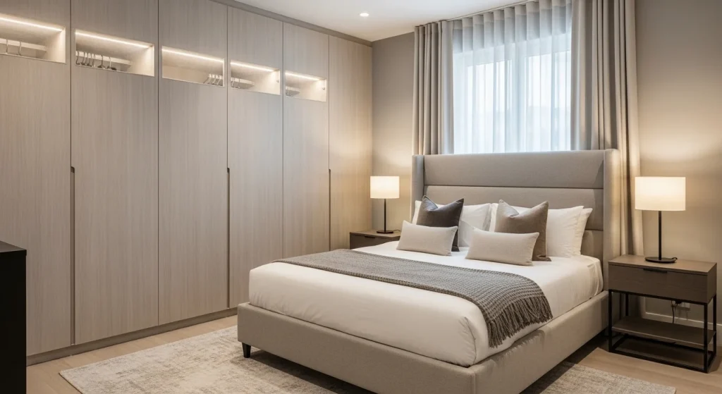 modern luxury bedroom with built in storage