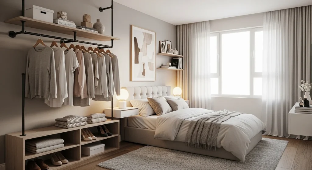 Wall mounted clothing rack displaying outfits in stylish small apartment bedroom