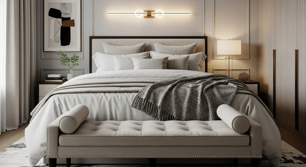 small bedroom with elegant bench at foot of bed
