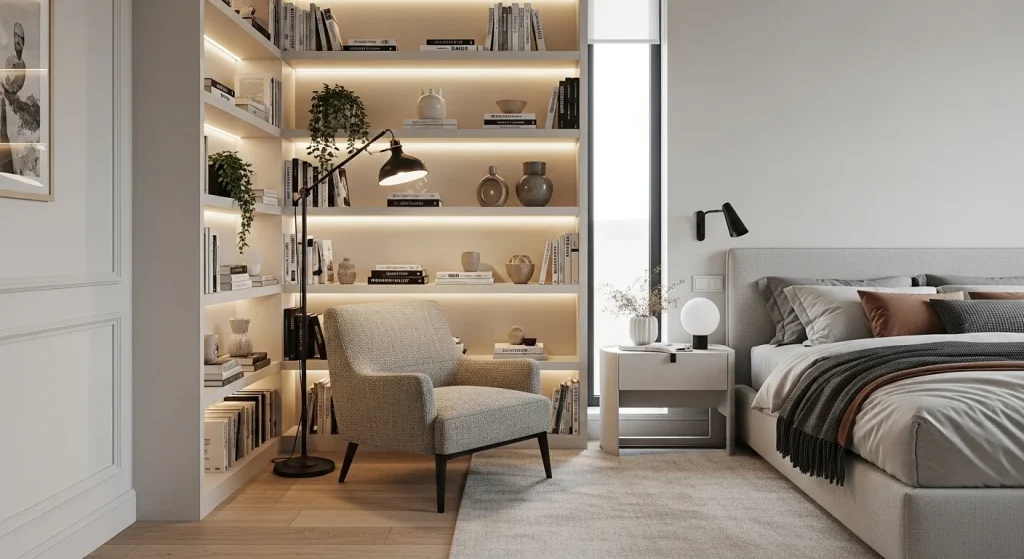 built in shelf small bedroom reading nook