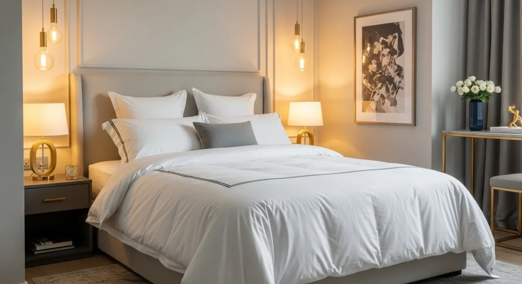 layered white bedding small apartment bedroom inspiration
