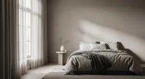 monochrome minimalist small apartment bedroom