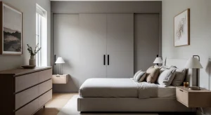 small apartment bedroom with sleek sliding closet doors