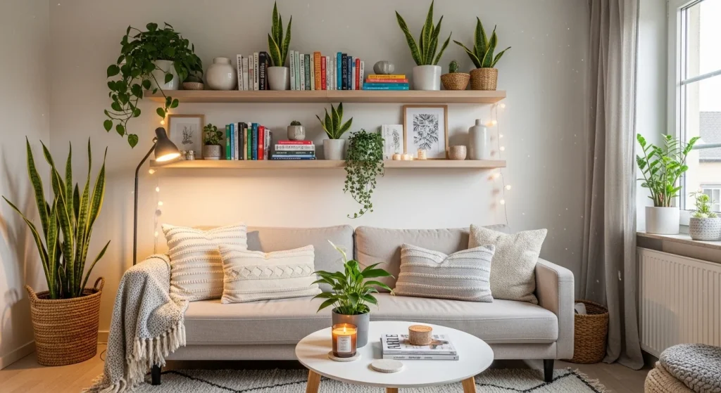 floating shelf decor cozy small apartment living room