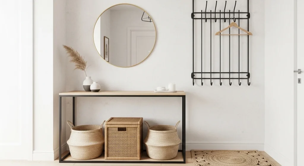 basket storage small apartment entryway storage ideas
