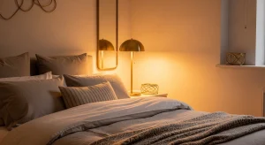 small apartment bedroom with subtle brass decor accents