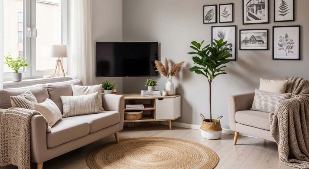 corner TV wall small apartment TV wall ideas