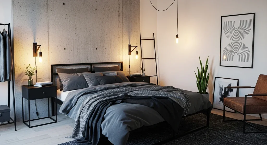  industrial concrete small apartment bedroom idea