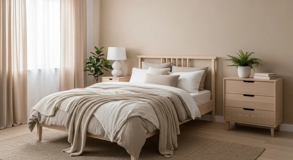 beige monochrome aesthetic small apartment bedroom
