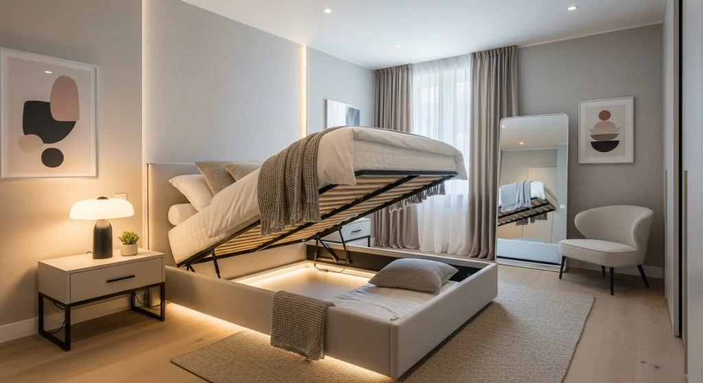 Lift up platform bed with hidden storage compartment underneath mattress