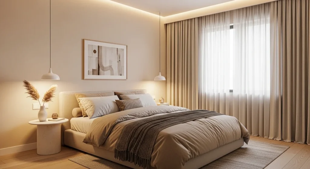 beige cream bedding small apartment bedroom styling