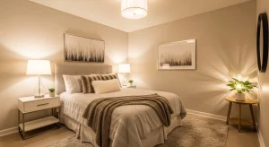 small bedroom with layered warm lighting design 