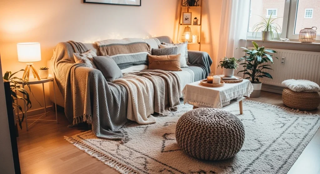 knit pouf cozy small apartment living room decor