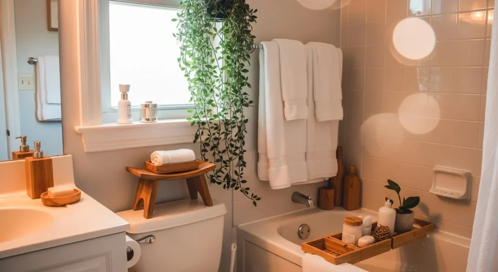 hanging plant cozy small apartment bathroom decor
