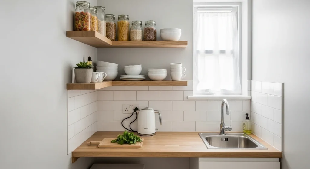 corner shelf small apartment kitchen storage ideas