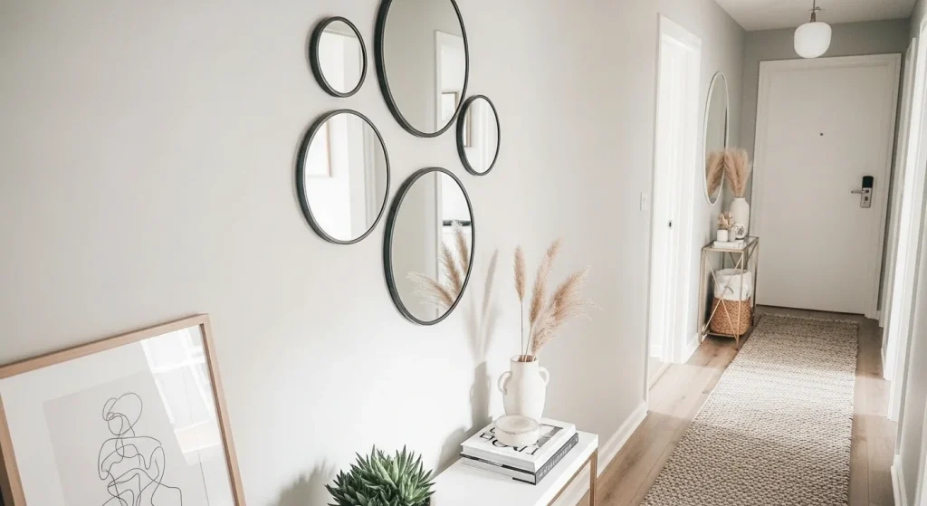 mirror cluster small apartment hallway decor ideas
