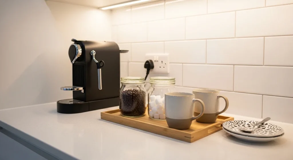 wooden tray coffee setup small apartment kitchen counter decor ideas