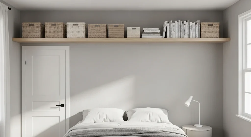 shelf above door storage in small apartment bedroom
