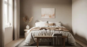 minimal cozy small apartment bedroom decor with warm tones