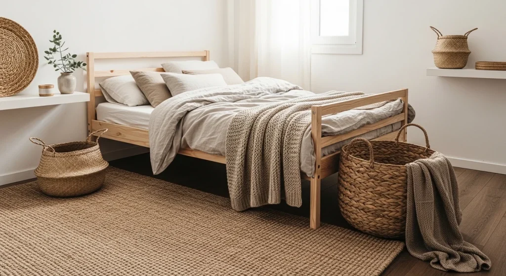 Scandinavian bedroom with woven basket and natural textures
