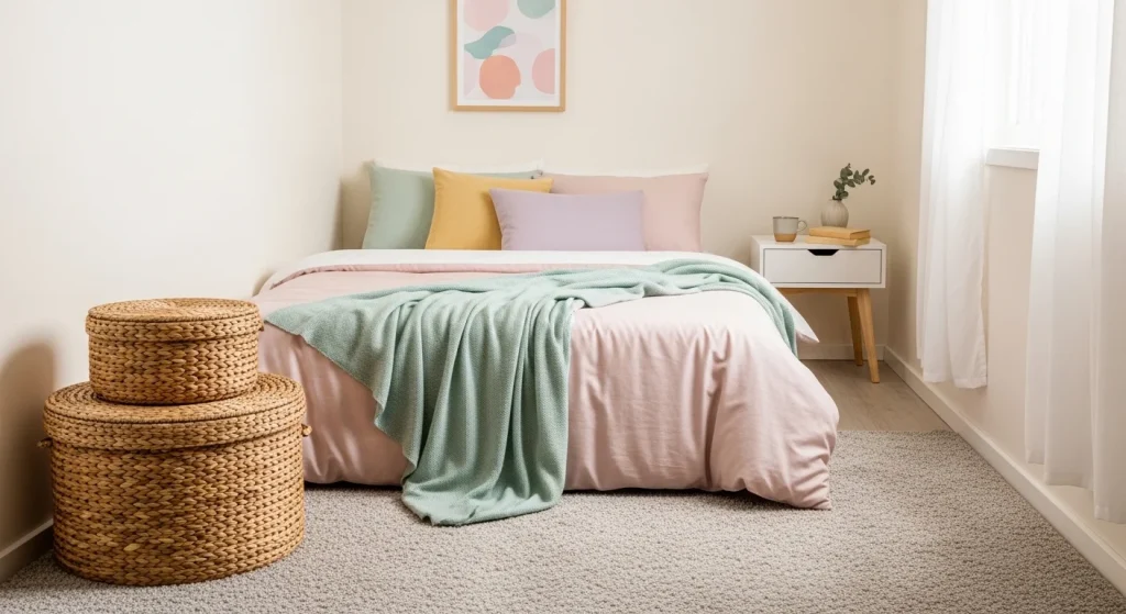 small bedroom with woven storage baskets
