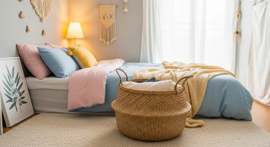 woven basket storage in small bedroom
