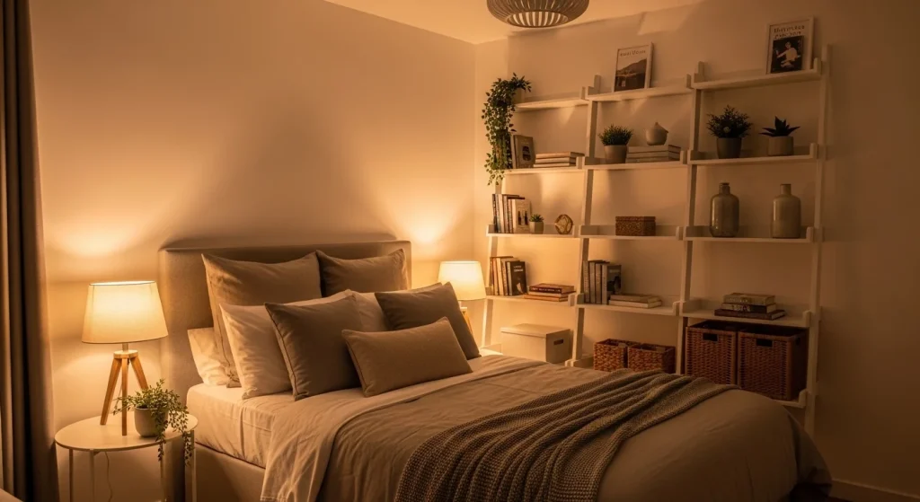 Decorative ladder shelf with books plants and baskets in modern small bedroom