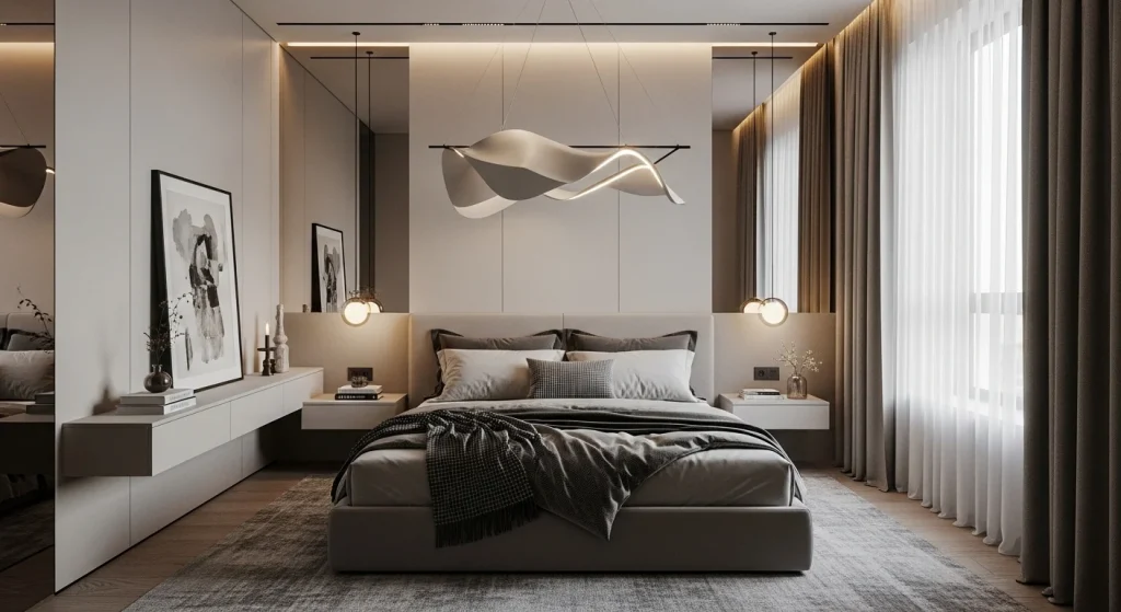 modern bedroom with sculptural lighting fixture
