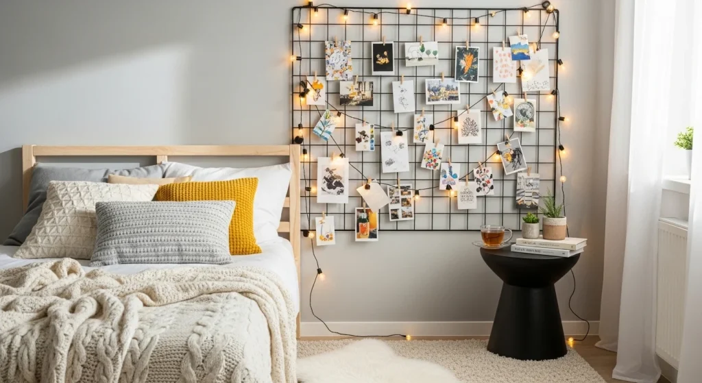 fairy lights wall grid bedroom fairy light ideas
