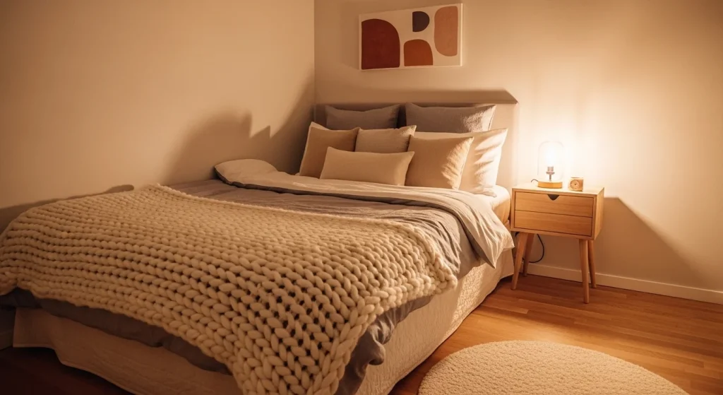 textured blanket layered bedding small apartment bedroom

