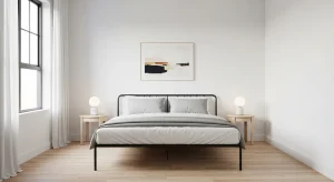 black frame minimalist small apartment bedroom