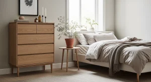  small apartment bedroom with slim elevated furniture 